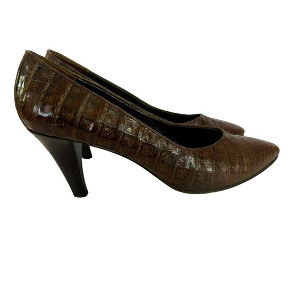 Vintage YSL Yves Saint Laurent Shoes Heels Crocodile Leather Brown Size 9 Italy - Picture 3 of 10